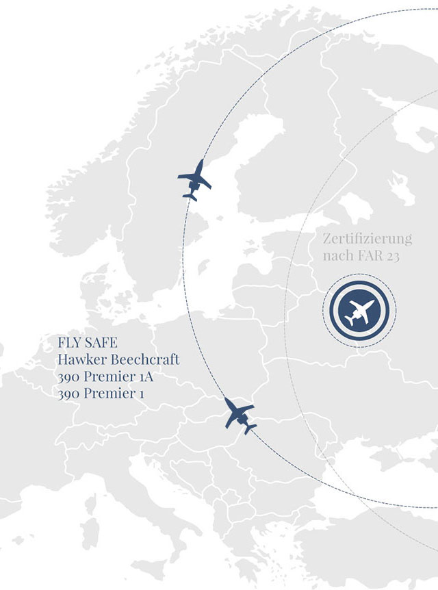 Karte möglicher Flugradius Europa Privatjet Hawker Beechcraft Premier 1/1A | PEAK AIR Berlin